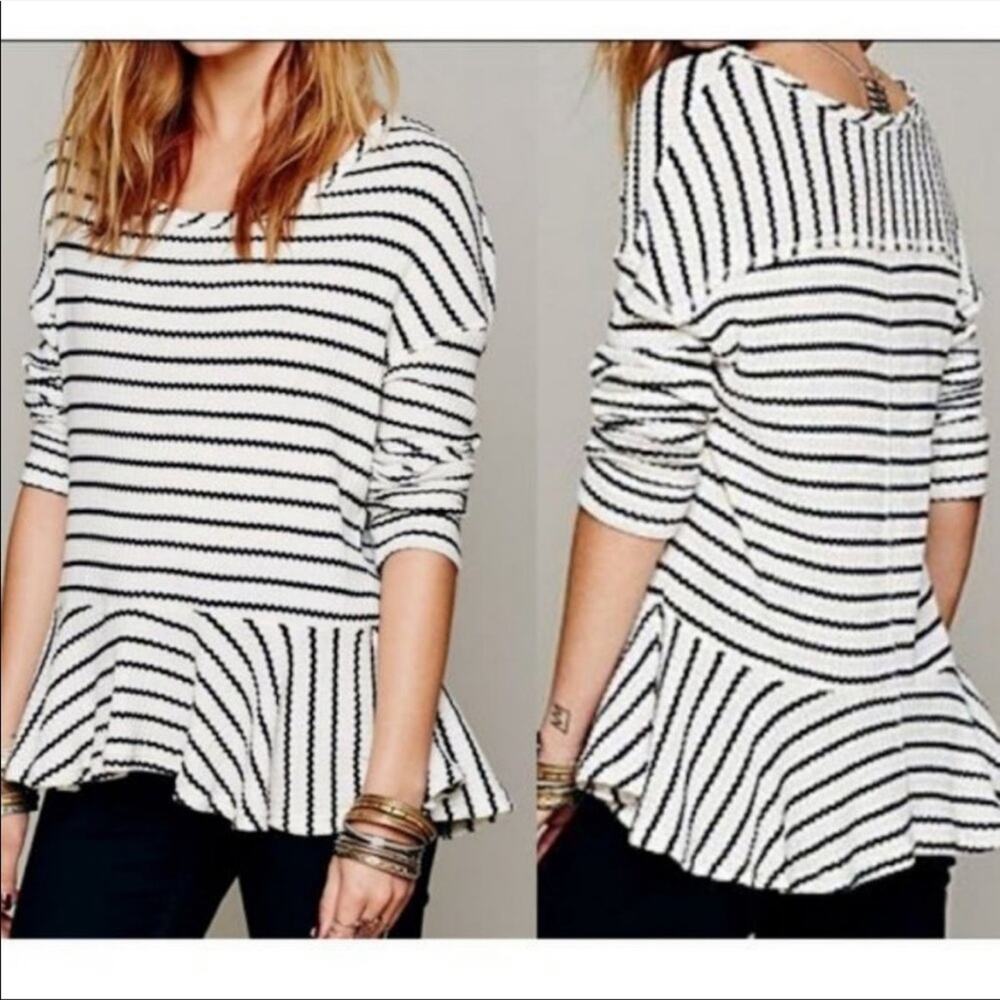 We The Free Peplum Striped Raw Hem Thermal Top Black and White Small